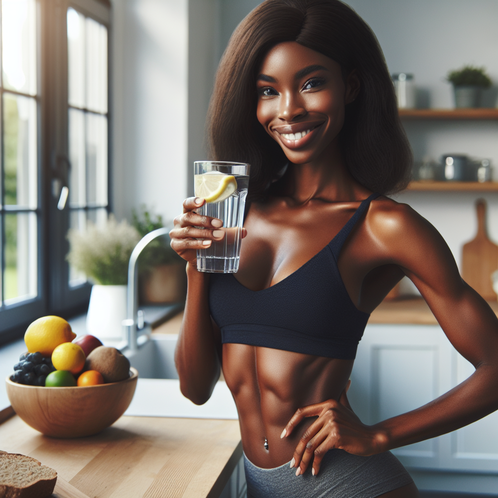 A person with a toned, visibly flatter stomach, smiling confidently. They are in a modern, bright kitchen setting with natural light, holding a glass of water with a lemon slice. On the counter, there's a bowl of fresh fruit and whole-grain bread. The atmosphere is positive and aspirational, photographic style.