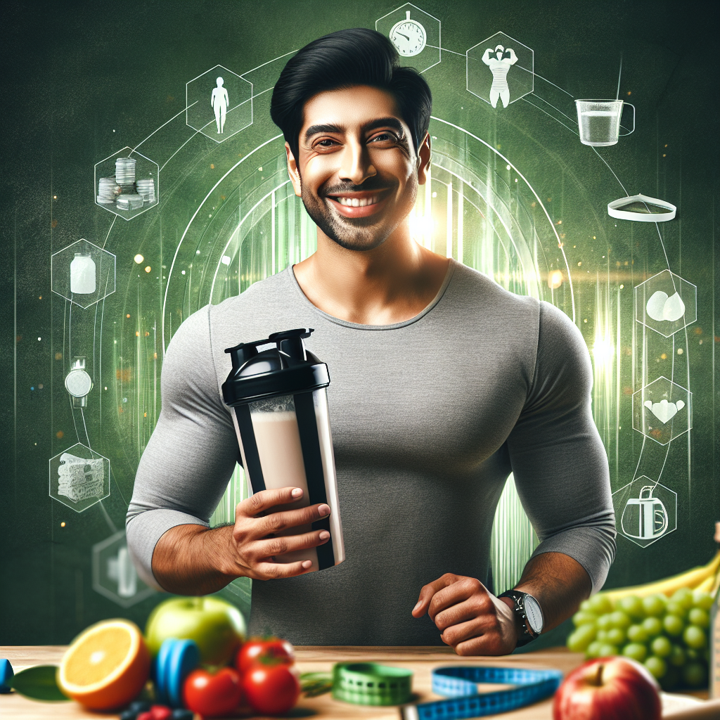 A person with a happy and confident expression, holding a sleek, modern protein shake bottle, against a subtly blurred background featuring elements of a healthy lifestyle like fresh fruit, a measuring tape, or light exercise gear. The overall image should convey successful weight loss, well-being, and ease, in a realistic and inviting style.