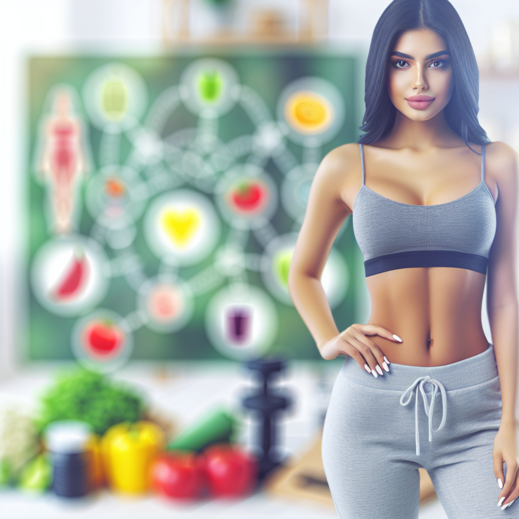 A person with a visibly flatter stomach, looking confident and healthy, wearing comfortable activewear. In the blurred background, subtle elements like fresh fruits, vegetables, and a yoga mat or light weights are visible, symbolizing a holistic approach to healthy living and effective belly fat loss. Bright, clean aesthetic.