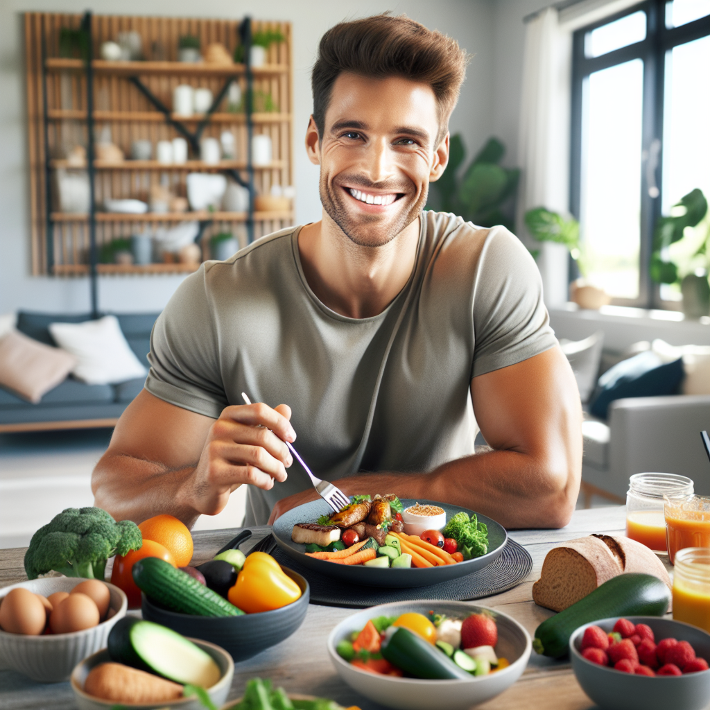 A happy and healthy-looking person, confidently smiling, enjoying a delicious, colorful meal composed of fresh vegetables, fruits, and lean protein at a relaxed home dining table. The setting emphasizes a sustainable, comfortable lifestyle focused on nutrition for weight loss, with no sports equipment or athletic gear visible in the background. The atmosphere is bright, clean, and inviting, in a realistic, high-quality photography style.