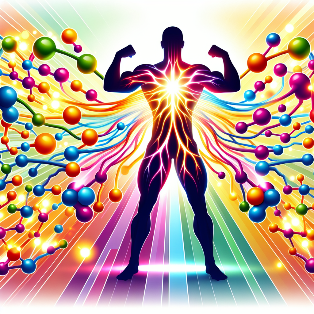 A vibrant, dynamic illustration showing stylized amino acid molecules (represented as colorful, interconnected spheres or shapes) radiating energy and flowing into a strong, healthy human silhouette. The silhouette should convey vitality, with subtle indications of muscle and an internal glow, symbolizing enhanced metabolism, energy, and overall well-being. The background should be clean and energetic, perhaps with a subtle infographic feel, bright colors, digital art.