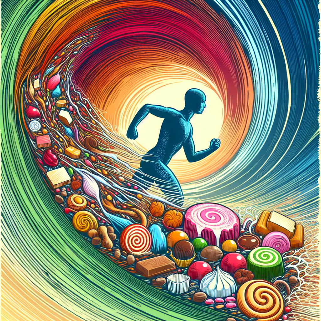 A person with a determined expression, actively breaking free from a swirling vortex made of various tempting sugary treats like candies, chocolates, and pastries. The person is stepping onto a clear, healthy path, leaving the chaotic sugar vortex behind. Dynamic, empowering, illustration style with vibrant colors.