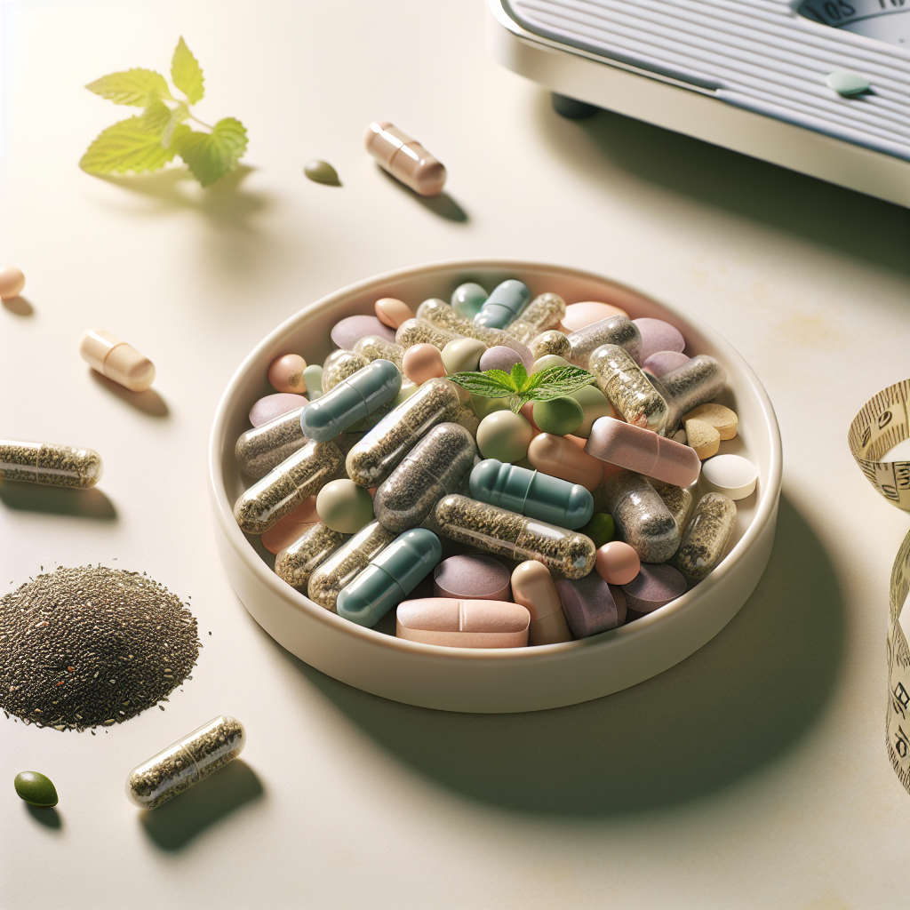 A close-up shot of various unbranded appetite suppressant capsules and pills, subtly mixed with natural ingredients such as green tea leaves, chia seeds, and oat flakes, arranged on a smooth, light-colored surface. A small, stylized scale icon or a delicate measuring tape is visible in the soft-focus background, symbolizing weight management. The image should convey a sense of gentle control over hunger and healthy choices, with soft, diffused lighting and a clean, modern aesthetic suitable for a blog header.