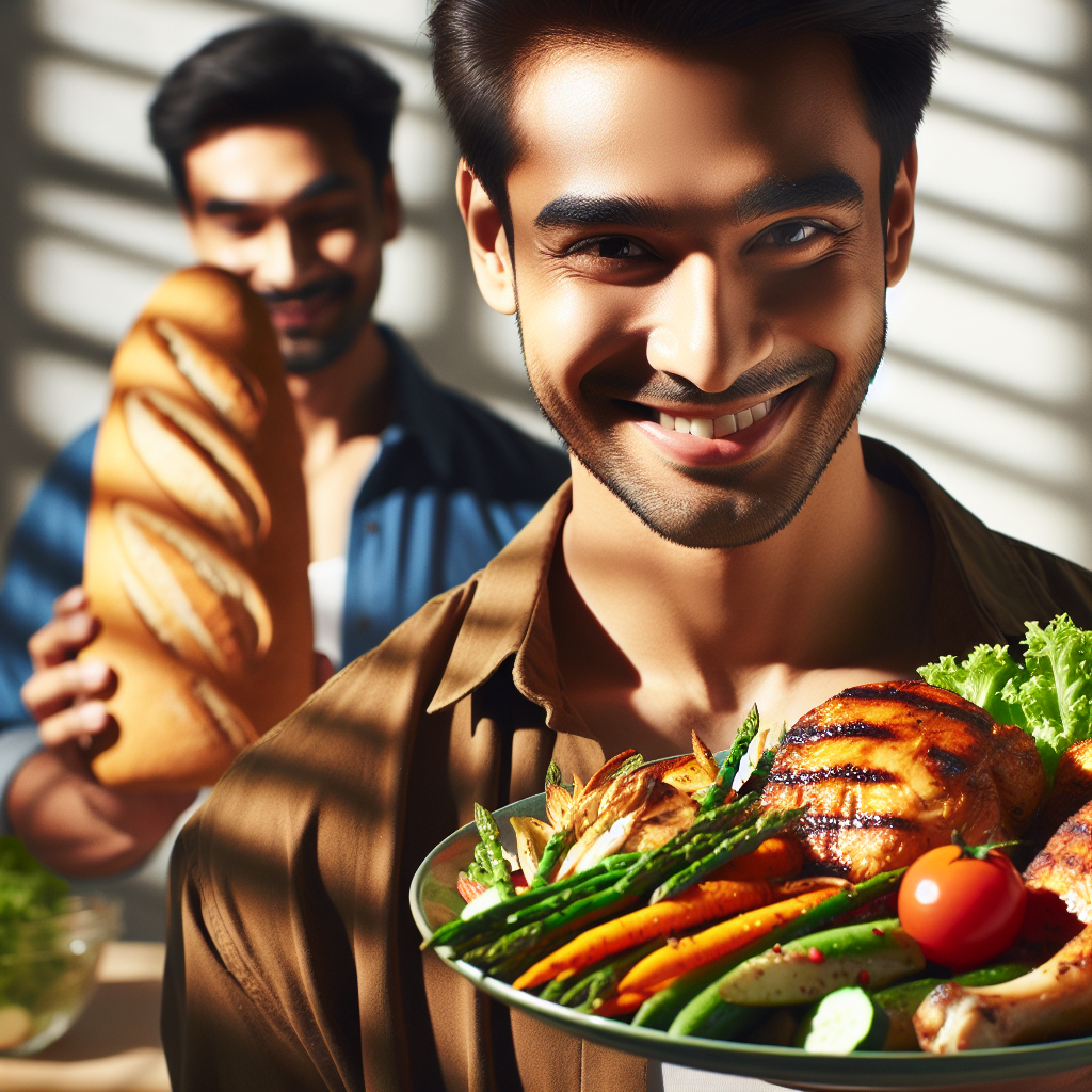 A person smiling confidently, holding a plate filled with a delicious, vibrant meal of grilled chicken, crisp green salad, and colorful roasted vegetables. In the background, a blurred loaf of bread is subtly pushed aside, symbolizing a conscious choice for healthier eating and weight loss. Bright, natural light, modern food photography style.