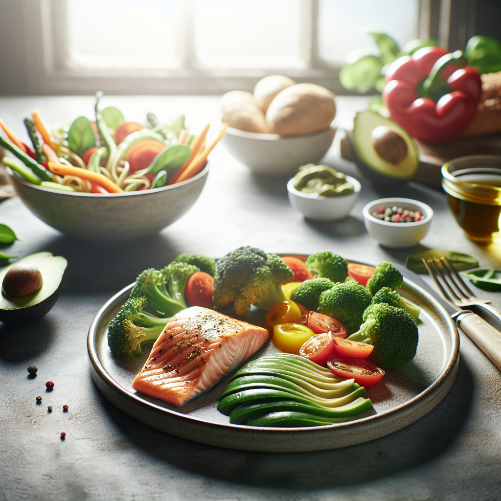 A visually appealing still life photo of a healthy low-carb meal. The foreground prominently features lean protein like grilled salmon or chicken, vibrant non-starchy vegetables (such as broccoli, bell peppers, and leafy greens), and healthy fats (like avocado slices or olive oil drizzle). In the background, subtly blurred or minimized, are traditional high-carb foods like pasta, bread, and potatoes, suggesting a gentle shift away from them. The lighting is bright and natural, in a modern food photography style with a clean table setting.