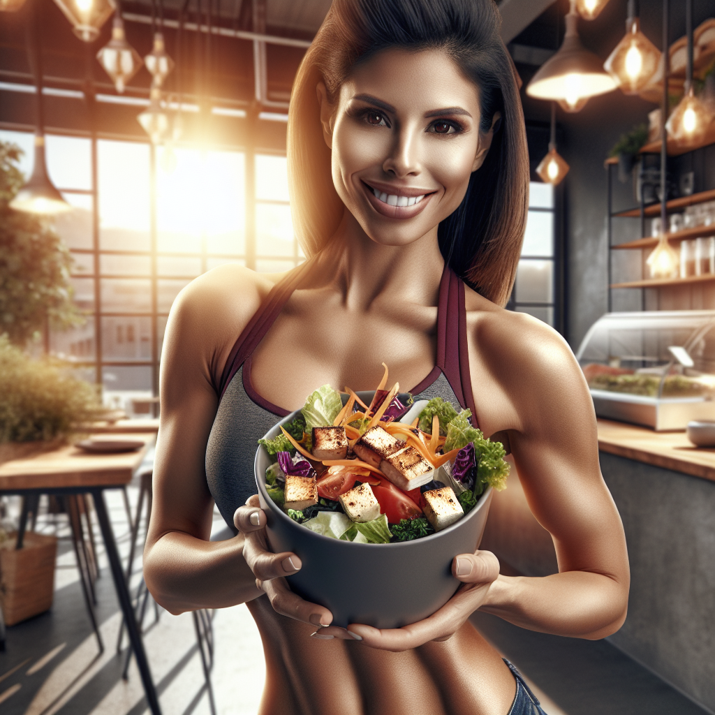 A vibrant and energetic scene featuring a happy, healthy person with a lean physique, smiling confidently while holding a bowl of a fresh, colorful low-carb salad with grilled chicken or tofu. The setting is bright and airy, possibly a modern kitchen with natural light or a sunny outdoor cafe. The overall mood conveys vitality, successful weight loss, and a sense of ease and well-being. Realistic, warm tones, focusing on health and happiness.