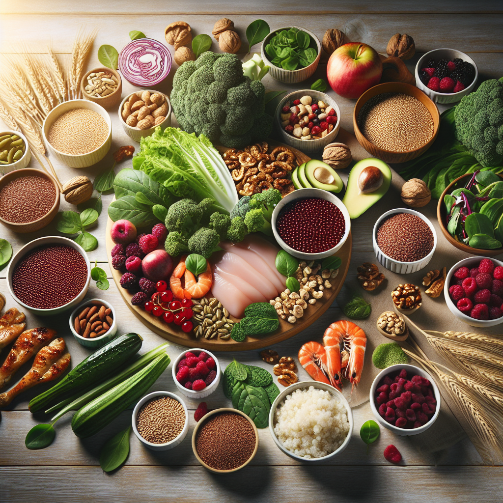 A beautifully arranged flat lay of diverse, healthy, wheat-free food items on a light wooden table: colorful fresh vegetables, berries, nuts, seeds, quinoa, buckwheat, and lean protein (e.g., grilled chicken or fish). Soft, natural light creates an inviting, fresh atmosphere, symbolizing a balanced diet for weight loss and increased energy. High-resolution, culinary photography style.