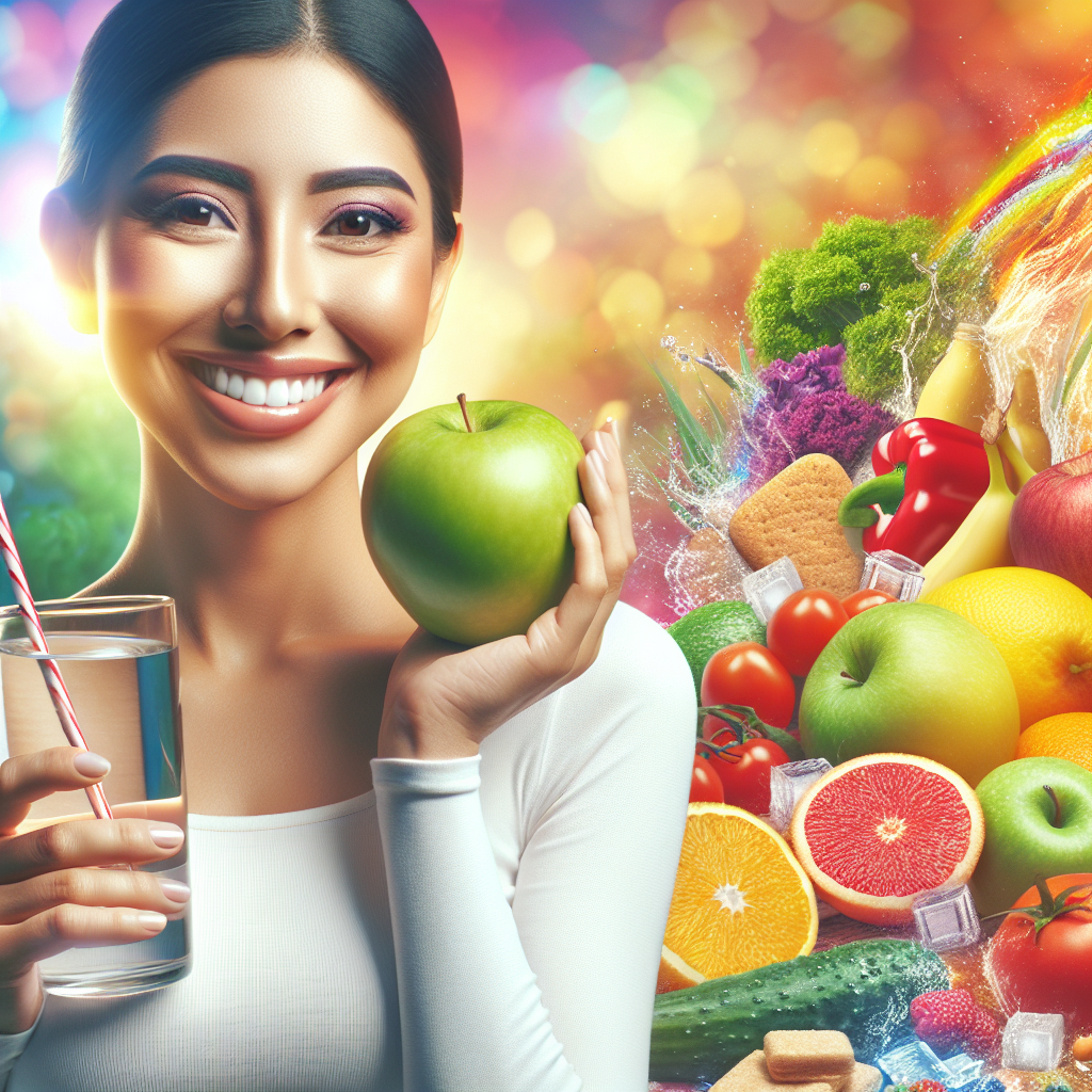 A vibrant, healthy-looking person smiling confidently, holding a fresh apple or a glass of water. In the foreground, there are colorful, natural foods like fruits and vegetables. In the slightly blurred background, unhealthy sugary snacks and processed drinks are subtly left behind, symbolizing the successful decision to avoid sugar for weight loss and improved well-being. Photorealistic, bright, and inspiring.