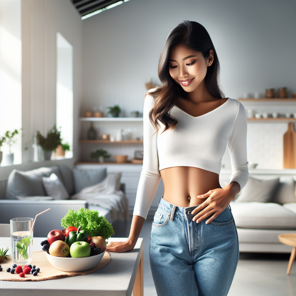 A relaxed person with a subtle, confident smile, wearing comfortable, casual clothing, gently touching their flat stomach. They are in a bright, clean, and minimalist home environment, such as a modern kitchen or living room. On a nearby table or counter, there are artfully arranged healthy food items like fresh fruits (berries, apples), green vegetables, and a glass of water, symbolizing a healthy diet and mindful living. The overall mood is calm, effortless, and emphasizes wellbeing and a flat stomach achieved through lifestyle changes rather than intense physical exercise. Soft natural lighting, high quality photo.