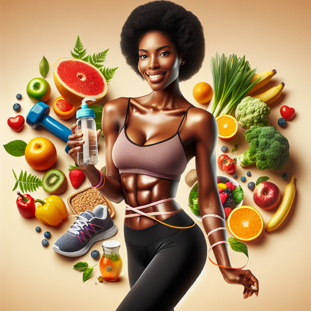 A confident person with a toned midsection and healthy physique, smiling, performing a light, active pose (e.g., gentle stretch or holding a water bottle). Surrounding them are vibrant, fresh elements representing a balanced diet (colorful fruits, vegetables) and exercise (running shoes, small weights). The overall atmosphere is bright, energetic, and inspiring, conveying healthy weight loss and a flat stomach through sustainable lifestyle choices. Realistic photography style.