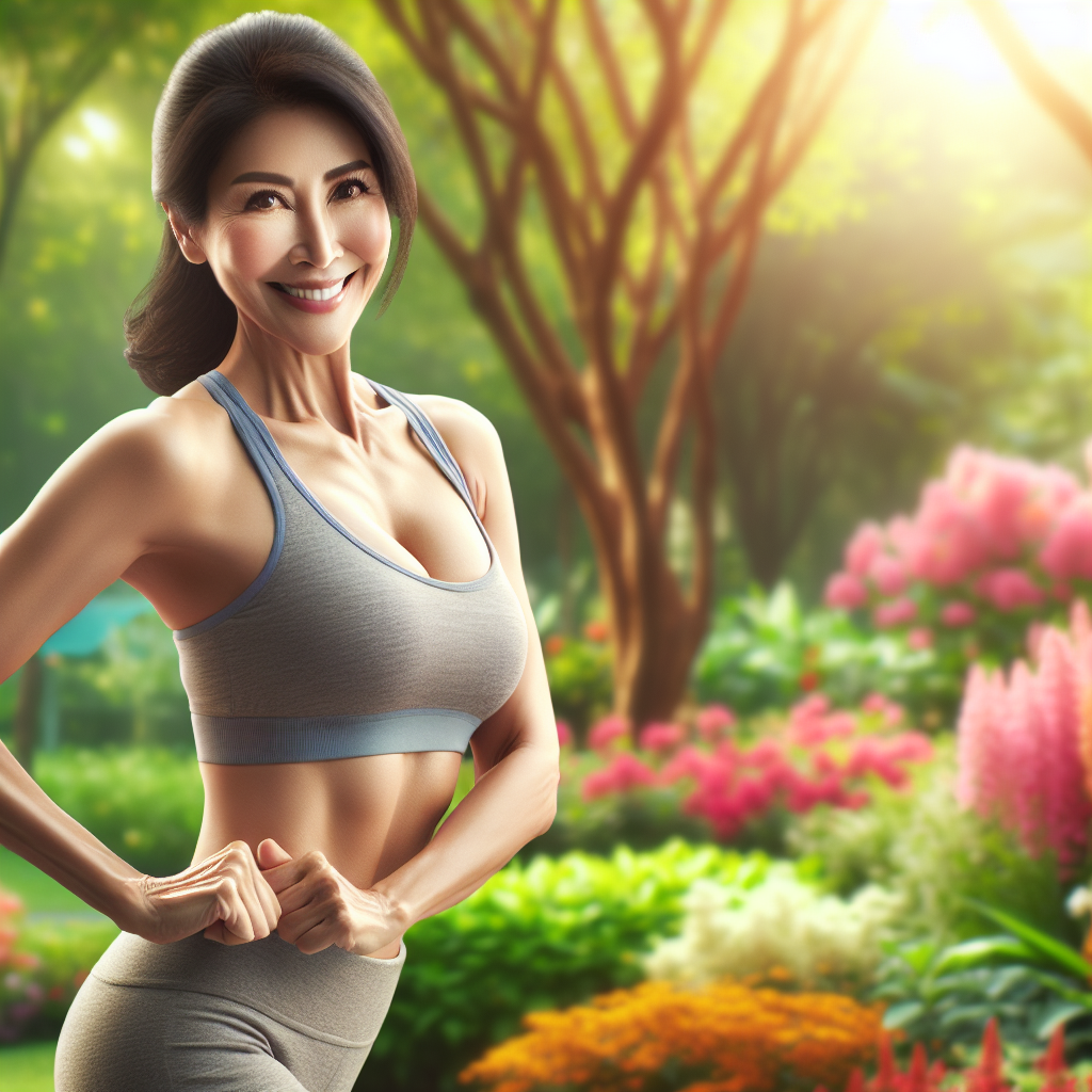 A person with a healthy, fit physique, smiling confidently while engaging in a gentle outdoor exercise like stretching or walking in a bright, natural park. The image should convey vitality, well-being, and a successful healthy lifestyle. Realistic photo, soft lighting, aspirational.