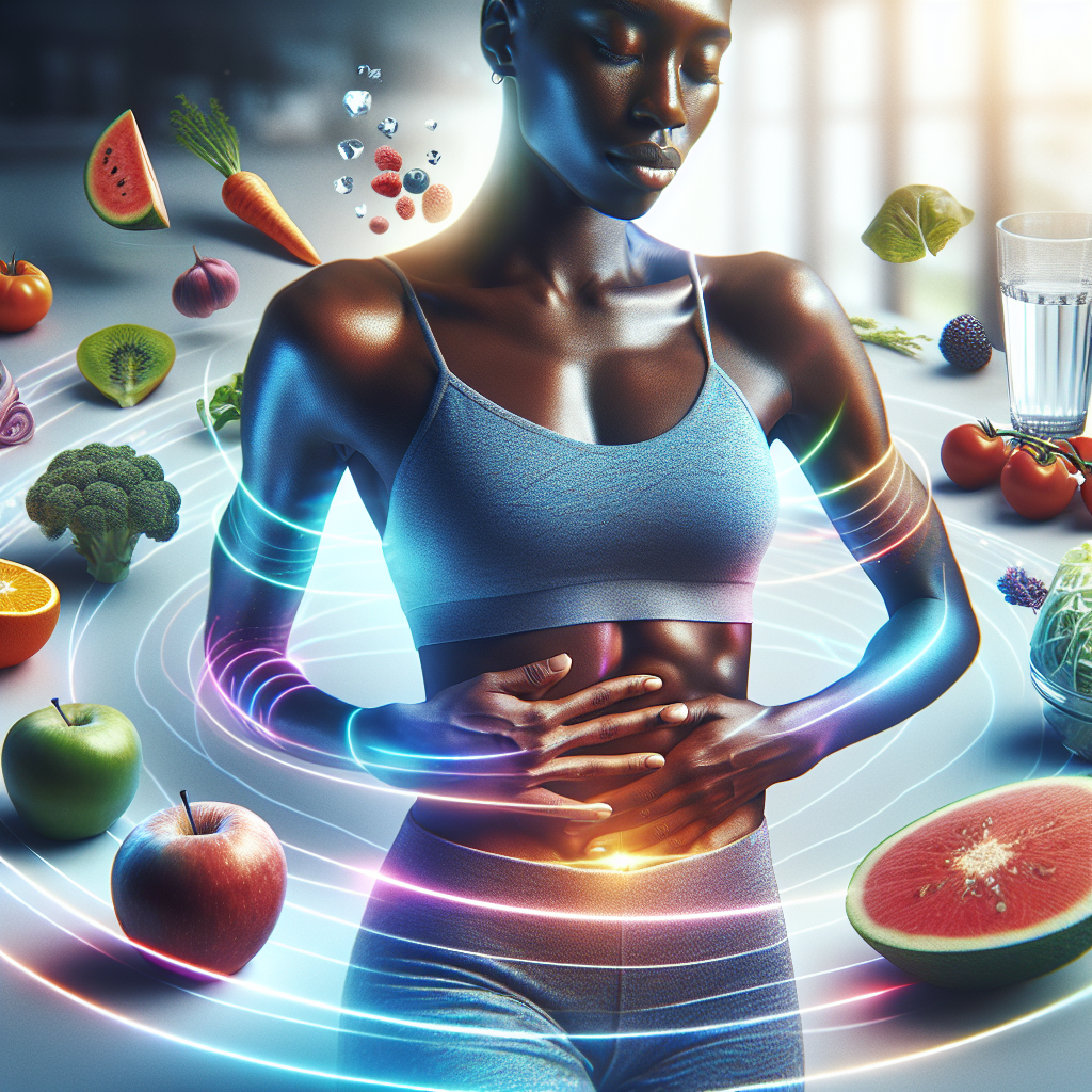 A vibrant and motivating image of a diverse person (e.g., gender-neutral) with a healthy, toned physique, looking confident and active, perhaps gently touching their stomach area. They are surrounded by elements of a balanced diet: colorful fresh vegetables, fruits, and a glass of water, subtly integrated into the scene. The background is clean and bright, conveying a sense of well-being, vitality, and successful progress towards a healthier lifestyle. The overall mood is positive and empowering, avoiding negative stereotypes. Digital art, realistic style, soft natural lighting.