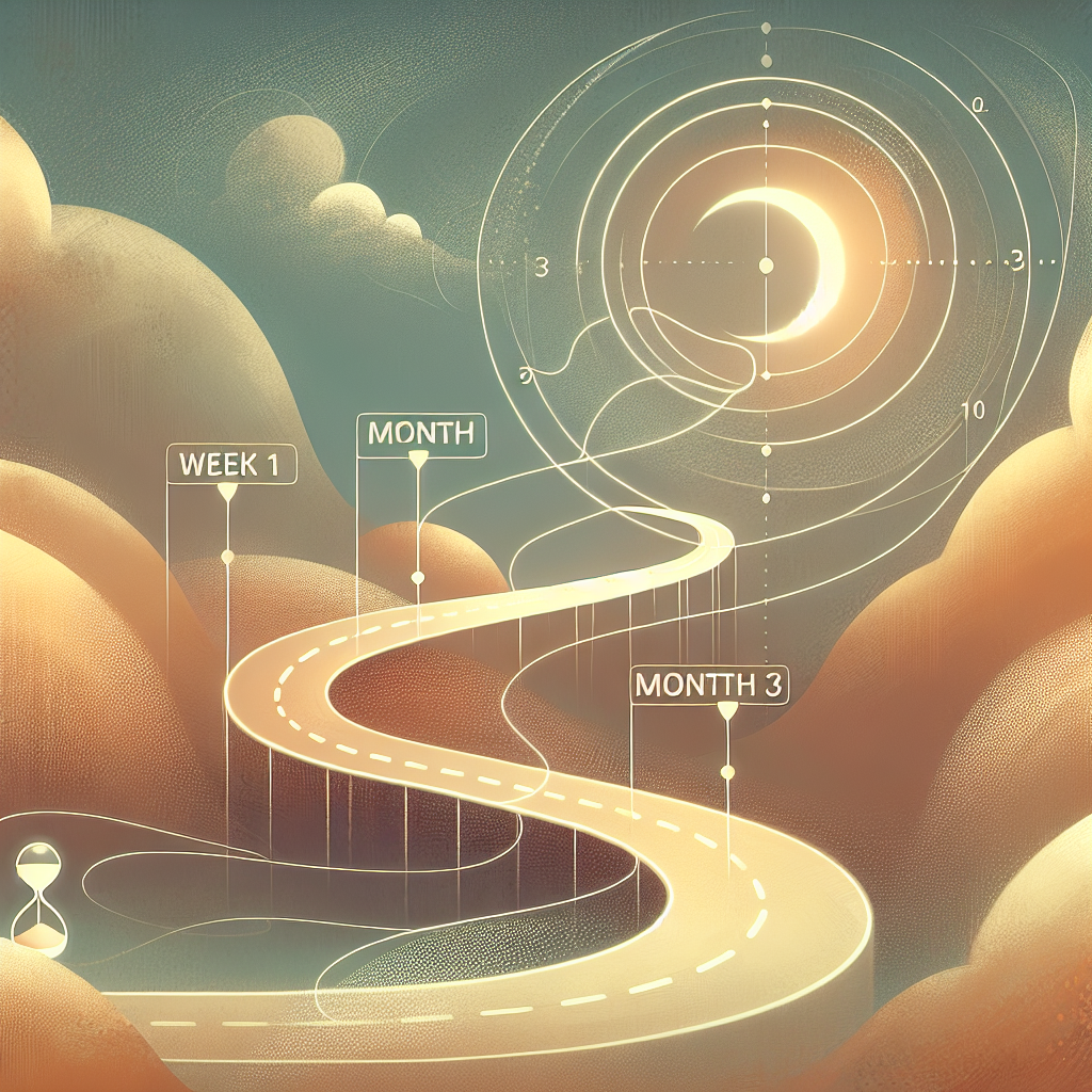 A stylized illustration depicting a winding path or timeline stretching into the distance, marked with milestones like 'Week 1', 'Month 1', 'Month 3'. Along the path, a metaphorical, gradually shrinking abstract shape represents the journey of losing belly fat. In the background, a soft, ethereal clock or hourglass subtly hints at the passage of time. The overall mood is hopeful, patient, and emphasizes steady, long-term progress rather than quick fixes. Warm and encouraging color palette, clean digital art style.
