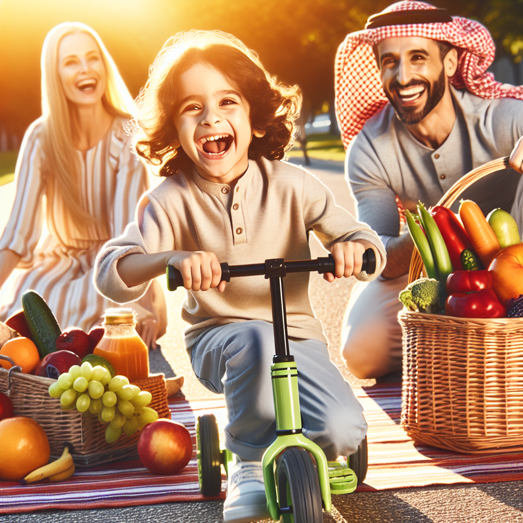 A joyful, active child, around 8-10 years old, happily riding a scooter or bike on a sunny path, with a parent smiling and walking beside them. In the foreground, a basket or picnic blanket displays an appealing array of fresh, colorful fruits and vegetables. The scene conveys a healthy, active lifestyle supported by family, with a bright and encouraging atmosphere. Realistic photo, natural lighting.