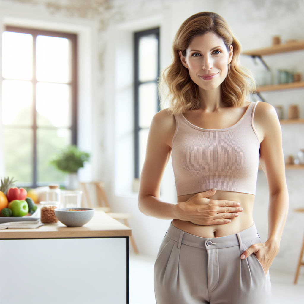 A diverse person, looking confident and healthy, gently touching their noticeably flatter stomach, standing in a bright, modern, and clean wellness environment. Surrounding them are subtle visual cues of a healthy lifestyle: fresh, colorful fruits and vegetables on a counter, and light exercise equipment like a yoga mat or small weights in the background. The overall mood is positive, encouraging, and focused on achievable health and body goals, with soft natural light.