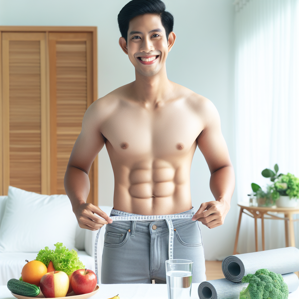 A person with a visibly flat and toned stomach, smiling confidently. They are in a bright, clean setting, surrounded by artfully arranged elements of a healthy lifestyle: fresh fruits and vegetables, a glass of water, and subtle hints of light exercise equipment like a yoga mat. The image should convey a sense of achievement, health, and well-being, with an optimistic and aspirational mood.