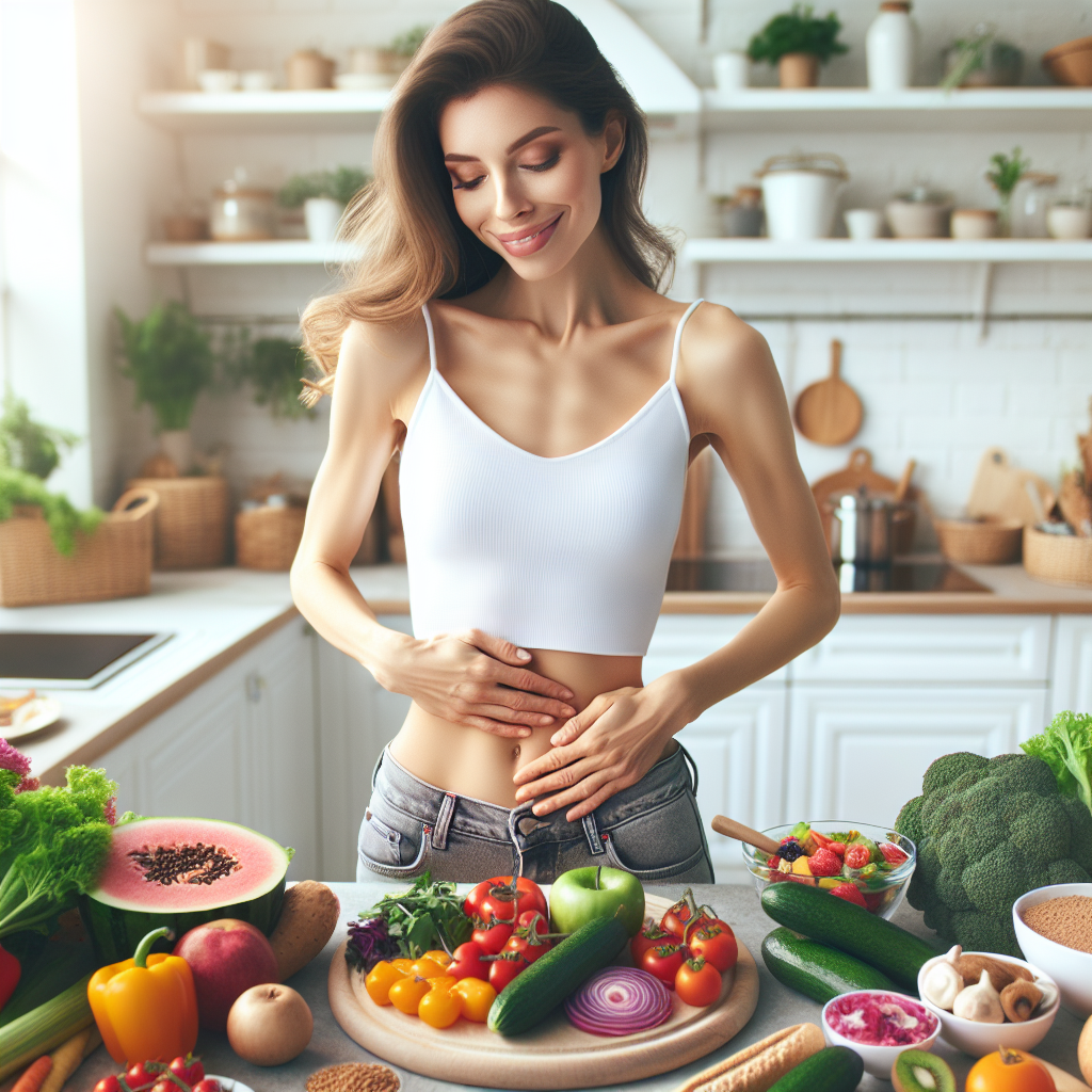 A serene person with a contented smile, gently touching their flat stomach, standing in a bright, modern kitchen. Around them, a beautifully arranged spread of fresh, healthy foods like vibrant vegetables, colorful fruits, lean protein, and whole grains. The scene evokes a feeling of effortless wellness and achieving a flat belly through diet and lifestyle, without any exercise equipment or gym setting visible. Soft, natural lighting, high-quality photograph.