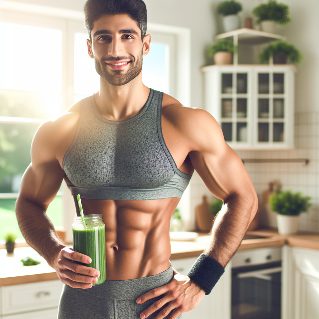 A fit and healthy person, smiling confidently, showcasing a flat, toned stomach. They are dressed in light activewear, holding a fresh green smoothie, with a vibrant, clean kitchen or a bright, outdoor setting in the background, conveying well-being and successful weight loss.