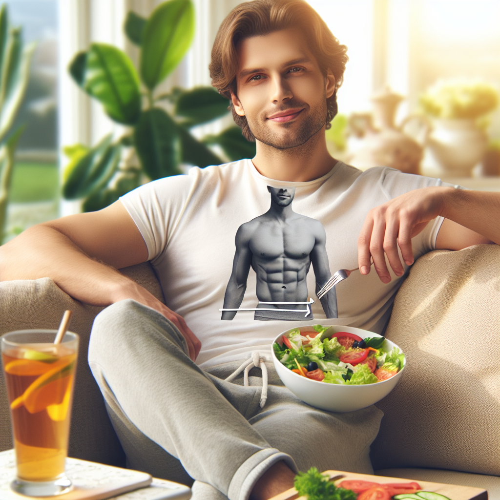 A relaxed and content person, visibly with a flatter stomach, dressed in comfortable casual wear, enjoying a healthy, fresh meal (e.g., vibrant salad, fruit bowl) or a calming herbal tea in a cozy, sunlit home environment. There are no sports items or gym equipment present, emphasizing a lifestyle approach to a flat belly without exercise. Realistic photo, soft focus background.