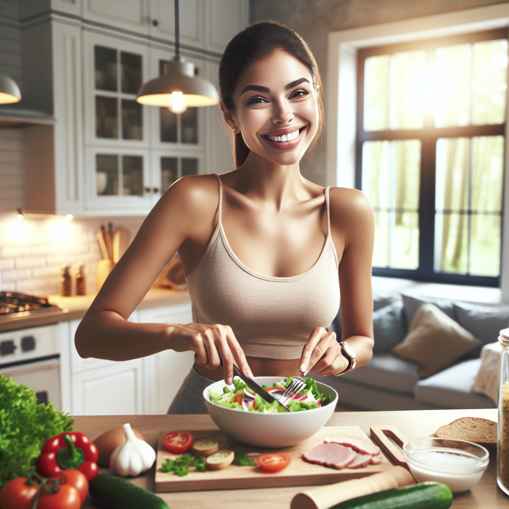 A vibrant, inviting image depicting a happy person in a bright, modern kitchen, preparing a delicious and healthy meal (e.g., a colorful salad with lean protein and fresh vegetables). The scene emphasizes nutritious food preparation as a pleasant, easy activity, with no visible sports equipment or signs of physical exertion. The overall mood is one of calm, effectiveness, and healthy living without strenuous exercise. Realistic photo style with soft, natural light.