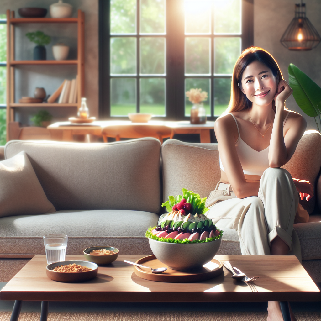 A serene, healthy-looking person relaxing comfortably at home, perhaps on a sofa or at a clean kitchen counter. They are calmly enjoying a delicious and visually appealing healthy meal, such as a vibrant salad with lean protein or a colorful low-carb dish. The scene emphasizes ease, contentment, and a natural approach to weight loss through diet, with no visible sports equipment or signs of physical exertion. Soft, natural lighting. Realistic, inviting style.