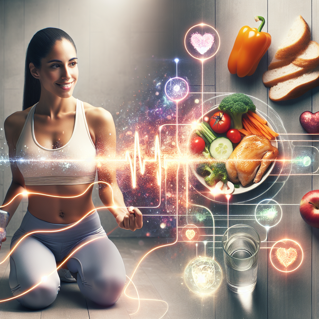 A vibrant, energetic illustration symbolizing boosted metabolism and a healthy lifestyle. A person is dynamically exercising (e.g., light cardio or bodyweight training) in a bright, clean environment. Nearby, a fresh, protein-rich meal (like chicken with vegetables) and a refreshing glass of water are prominently displayed. Subtle, abstract glowing lines or particles emanate from these elements, conveying internal body processes and vitality. The overall aesthetic is modern, clean, and inspiring.