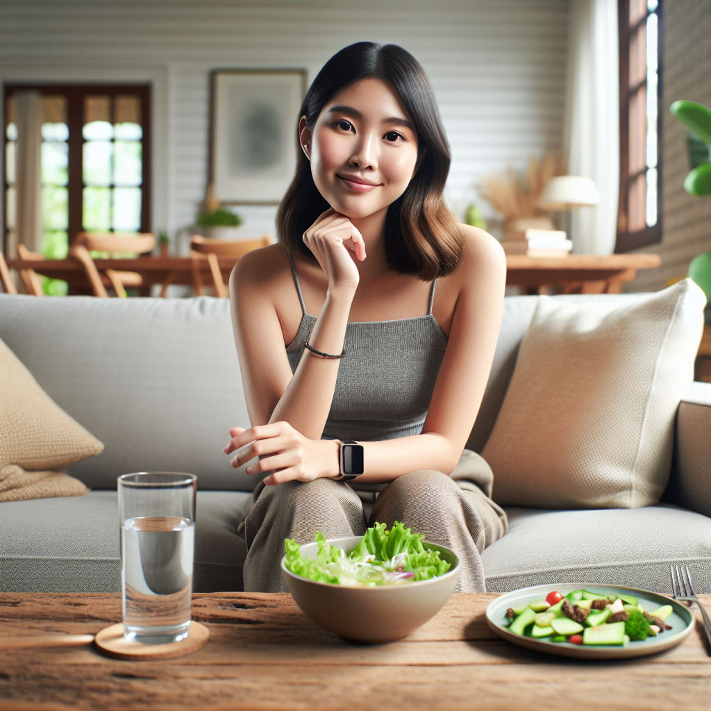 A person looking noticeably slimmer and content, relaxing comfortably in a home setting (e.g., on a sofa or by a window), without any sports equipment visible. On a nearby table, there's a plate with healthy, low-calorie food like a fresh salad or clear soup, and a glass of water. The overall atmosphere conveys effortless weight loss achieved through diet alone, emphasizing a calm and non-strenuous approach. Realistic style, good lighting.
