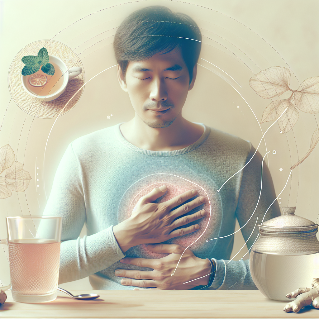 A calming and peaceful scene depicting relief from nausea. A person, looking serene and comfortable, perhaps with a gentle hand on their stomach, in a soft, warm light setting. Nearby, subtle elements like a cup of herbal tea (ginger or peppermint) and a glass of water are visible. The overall mood should be one of tranquility and comfort, suggesting the end of discomfort. Minimalist and soft focus, pastel colors.