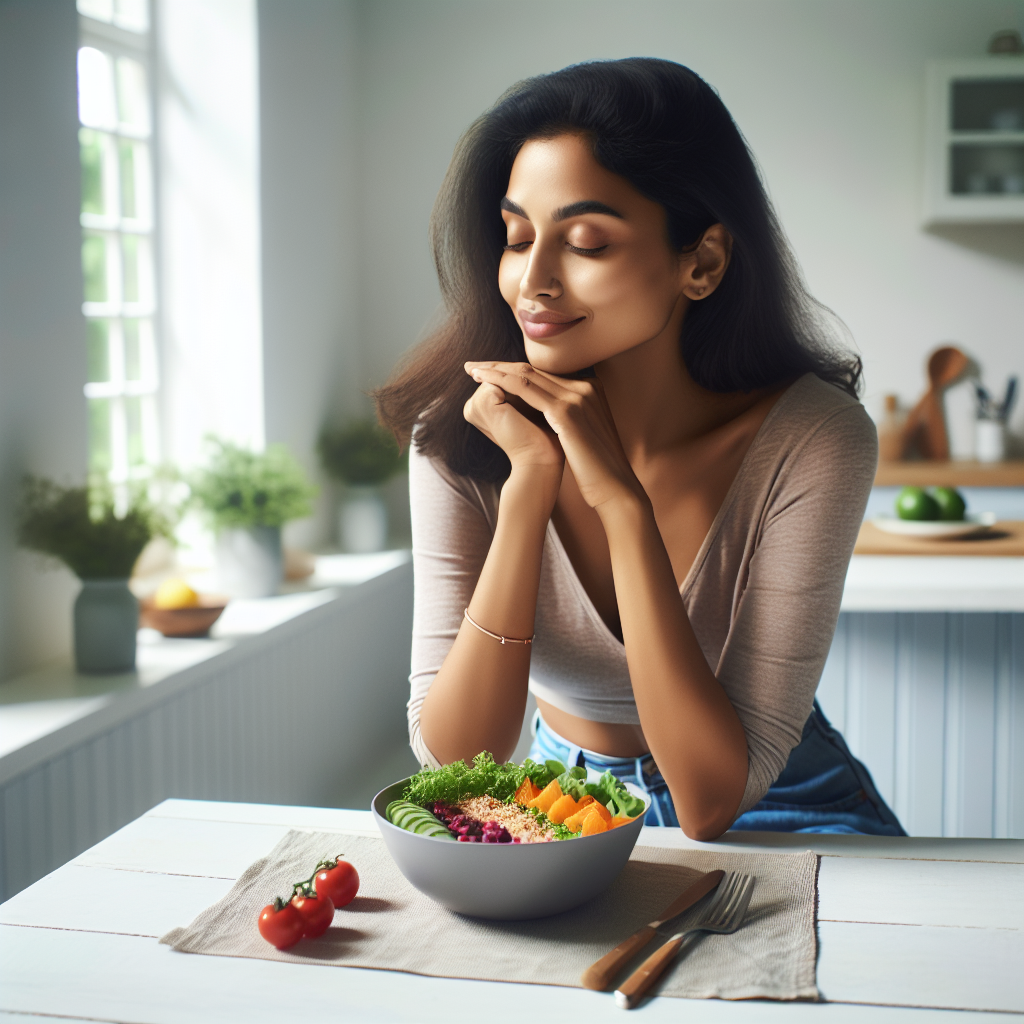 A happy, serene woman enjoying a healthy and colorful meal (like a vibrant salad or fruit bowl) at a bright, minimalist kitchen table. She is dressed in comfortable, everyday clothes, not activewear. The scene emphasizes calm well-being and mindful eating, with absolutely no sports equipment or gym setting visible, illustrating sustainable weight loss through diet and lifestyle changes. Soft, natural lighting, high detail.
