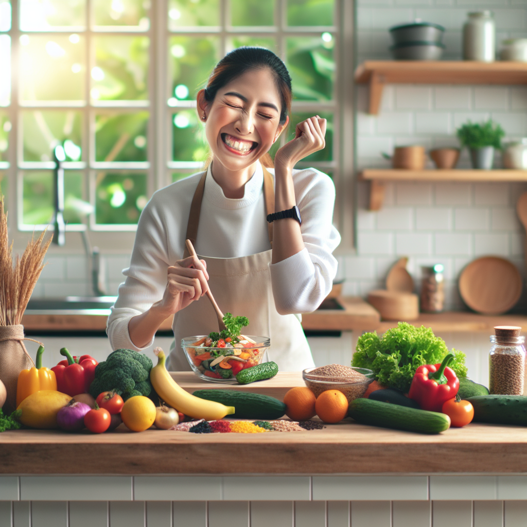 A serene, happy person effortlessly preparing a vibrant, healthy meal in a bright, modern kitchen filled with natural light. Fresh, colorful vegetables, fruits, and whole grains are beautifully arranged on a clean wooden countertop. The scene conveys a sense of peaceful well-being, balance, and sustainable healthy living, without any hint of restriction or struggle. Soft, inviting colors, high detail, photorealistic.