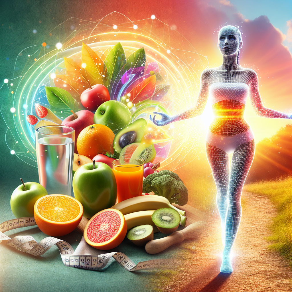 A vibrant and inspiring image depicting a person radiating health and energy, symbolizing successful weight loss and well-being. They are surrounded by elements of a balanced lifestyle: an appealing spread of colorful fresh fruits, vegetables, and lean protein, alongside a glass of water. In the background, there's a subtle visual cue of light physical activity, like a blurred figure jogging in a park. The scene conveys sustainable progress achieved within a focused timeframe, with a bright, positive, and modern aesthetic.