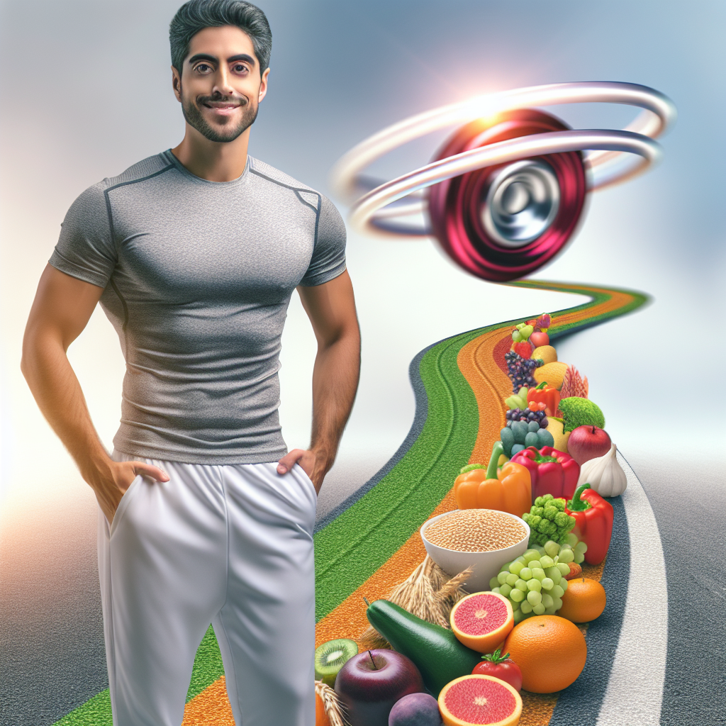 A confident, healthy-looking person (diverse, age 30s-40s) in comfortable fitness wear, smiling and standing firmly on a gently ascending, stable path made of vibrant, fresh fruits, vegetables, and whole grains. In the background, subtly out of focus, is a classic yo-yo moving up and down rapidly, symbolizing the avoided 'Jojo-Effekt'. The overall scene is bright, optimistic, and emphasizes long-term well-being and stability. Realistic photo style.