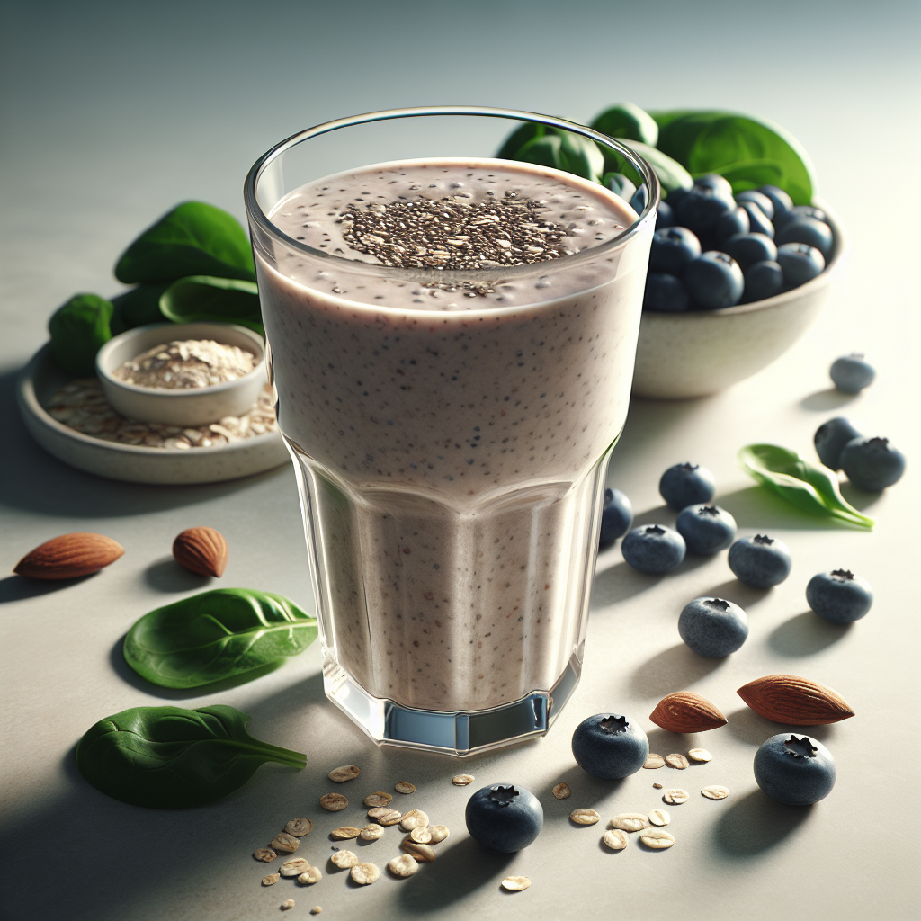 A close-up, high-quality studio photograph of a refreshing, unsweetened diet shake in a clear, modern glass. The shake has a natural, subtle texture, suggesting whole ingredients like oats, chia seeds, and plant-based protein. Surrounding the glass are fresh, whole ingredients: a handful of blueberries, green spinach leaves, and a few whole almonds, artfully arranged on a clean, minimalist light surface. The lighting is soft and natural, emphasizing purity, health, and a gentle, natural approach to wellness. No artificial sweeteners or sugary elements are visible in the scene.