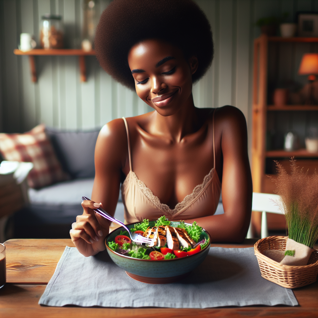 A person, relaxed and content, enjoys a beautifully presented, healthy meal (e.g., a vibrant salad with grilled chicken, or a bowl of colorful fruits and nuts) at a cozy kitchen table or comfortable sofa at home. There is no sports equipment or gym attire visible. The focus is on a peaceful, enjoyable approach to healthy eating for weight loss, emphasizing comfort and daily life. The lighting is soft and inviting. Realistic photo style.