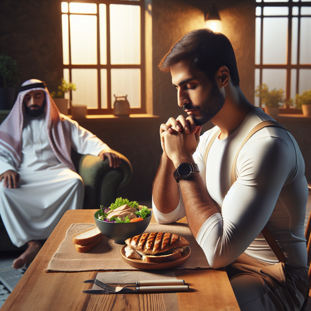 A serene indoor scene depicting a person calmly enjoying a healthy, balanced meal (e.g., a colorful salad with grilled chicken, whole-grain bread) at a home dining table or cozy kitchen nook. The atmosphere is relaxed and comfortable, emphasizing mindful eating and a lifestyle focused on diet for weight loss rather than physical activity. No exercise equipment or workout clothes are present in the image. The person looks content, healthy, and a little reflective. Soft, natural lighting. Realistic, inviting, and slightly minimalist style.