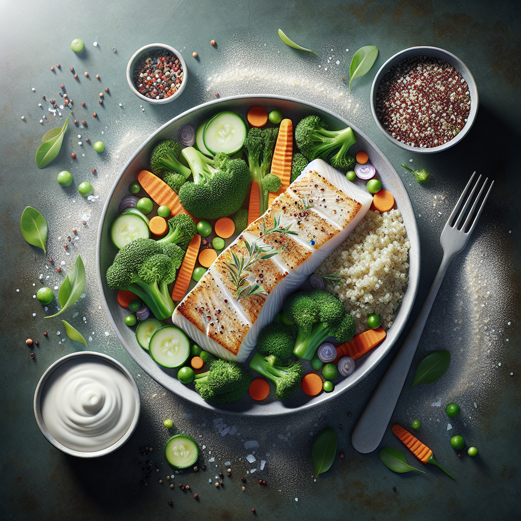 A vibrant overhead shot of a clean, healthy meal emphasizing naturally low-fat ingredients. The plate features a colorful assortment of steamed vegetables (broccoli, carrots), a perfectly grilled lean white fish fillet, and a small portion of quinoa. The setting is bright and fresh, conveying health, lightness, and satiety without heavy fats. Food photography style.