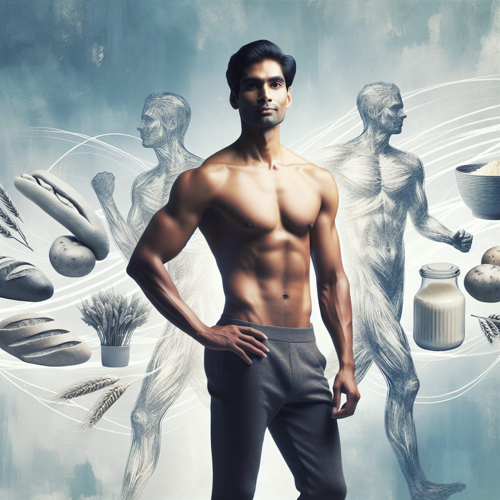 A person with a lean and athletic physique, exuding confidence and energy. They are standing in front of a blurred background where stylized, light-grey silhouettes of common carb-rich foods like bread, pasta, and potatoes, and fatty foods like butter and oil are subtly fading away. The foreground person is sharp and vibrant, symbolizing quick and healthy weight loss through a fat and carb-free diet. The image should convey lightness and discipline. High quality, realistic photograph.