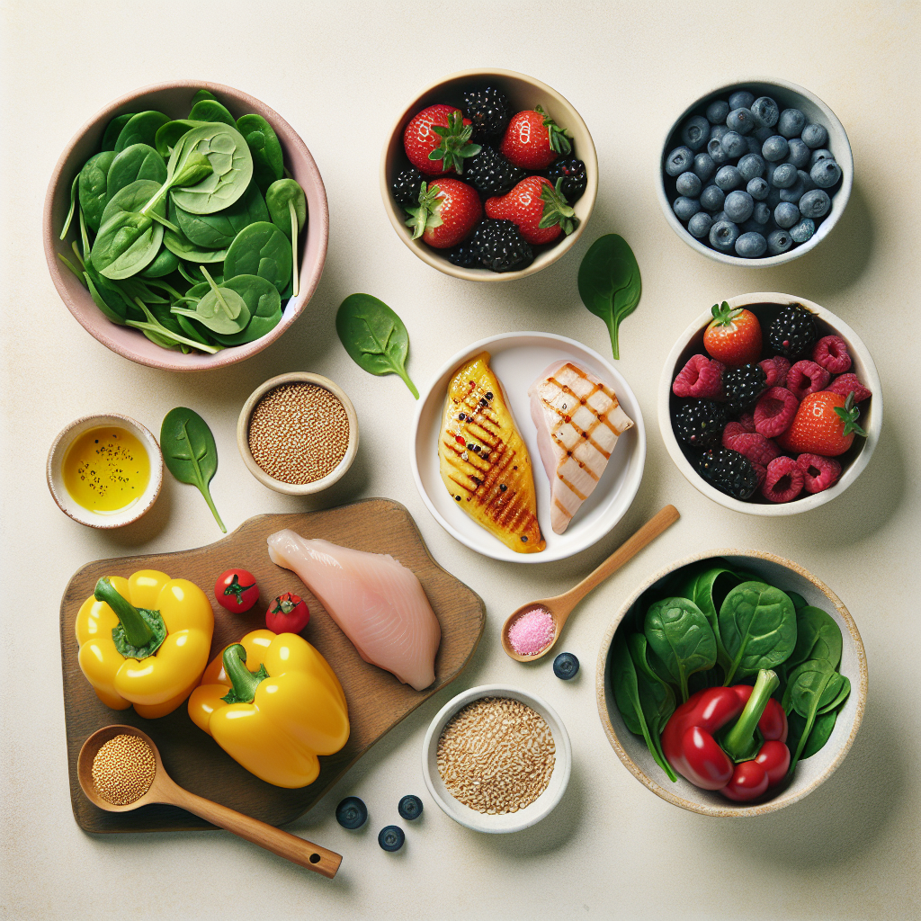 A stylish, clean flat lay of healthy, whole foods representing a fat-free and sugar-free diet. Include vibrant fresh vegetables like bell peppers and spinach, lean protein such as a grilled chicken breast or white fish, and a bowl of fresh berries or whole grains. The presentation should be minimalist and appealing, emphasizing naturalness and health, with no visible oils, sauces, or processed items. Bright, soft studio lighting on a light background.
