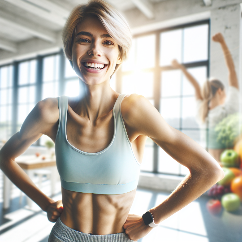 A radiant, energetic person (gender neutral, diverse) smiling confidently while doing a light, joyful stretch or movement. They appear lean and healthy, embodying vitality and freedom. The background is a bright, airy space (e.g., a modern gym with large windows or an open-plan kitchen). Subtle elements like blurred fruit or vegetables in the background can hint at the dietary context without being the main focus. Emphasize a feeling of lightness and improved well-being.