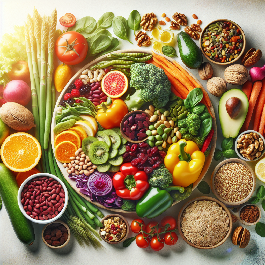 A vibrant, appetizing flat lay of a diverse and colorful plant-based meal, featuring a balanced array of fresh vegetables, fruits, legumes, whole grains, nuts, and seeds. The composition should convey health, freshness, and deliciousness, suggesting a joyful and effective way to eat for weight loss and well-being. Soft, natural lighting on a clean, light background.