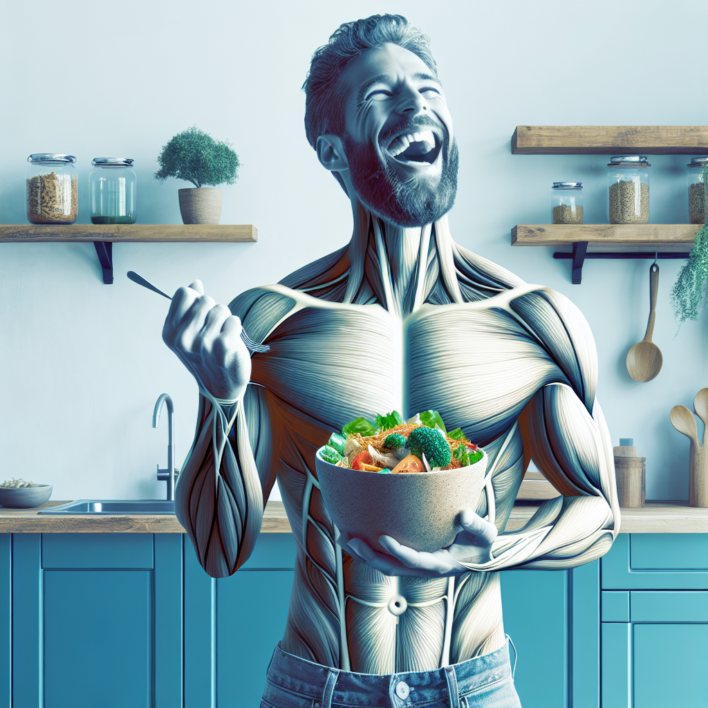 A smiling, energetic person (gender-neutral, healthy build) enjoying a flavorful, plant-based meal in a bright, modern kitchen or dining setting. The person emanates vitality and happiness, subtly reflecting the 'better fühlen' aspect of the diet, with the food looking highly appealing and nutritious. Focus on a sense of well-being and health.