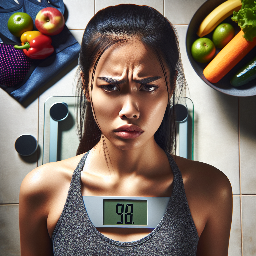 A person with a frustrated and confused expression standing on a digital bathroom scale. The scale displays a static number, not showing any change despite visible efforts like a bowl of healthy food or gym wear subtly in the background. Realistic photo, soft, natural light, conveying a sense of disappointment and a plateau.