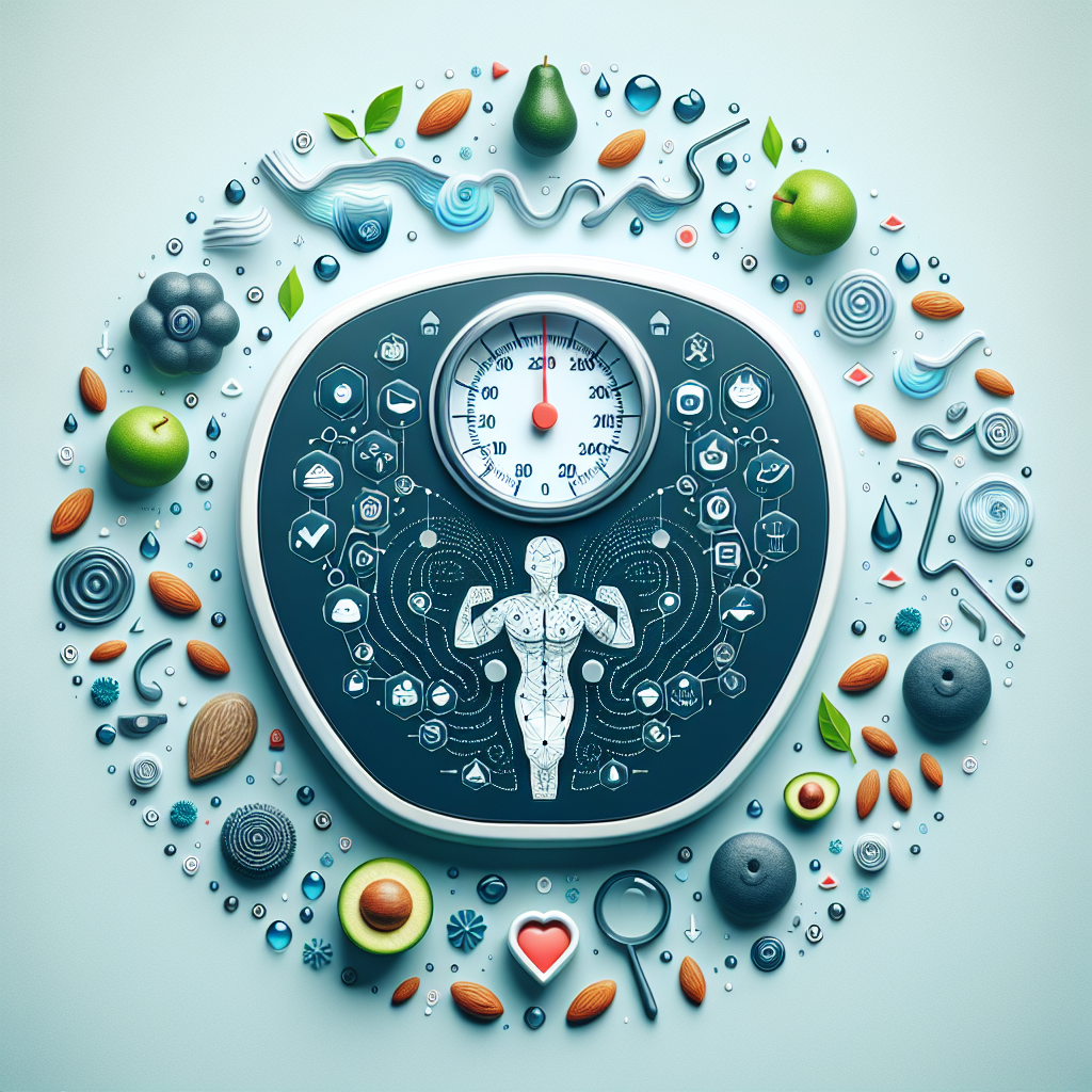 A conceptual image showing a digital weighing scale from above. Surrounding the scale are various symbolic elements representing hidden factors affecting body weight: a stylized muscle icon, swirling water droplets, and small, healthy but calorie-dense food items like almonds and avocado slices. The overall composition should illustrate the complexity of weight management beyond just fat loss. Clean, modern, infographic-style illustration with a soft color palette.