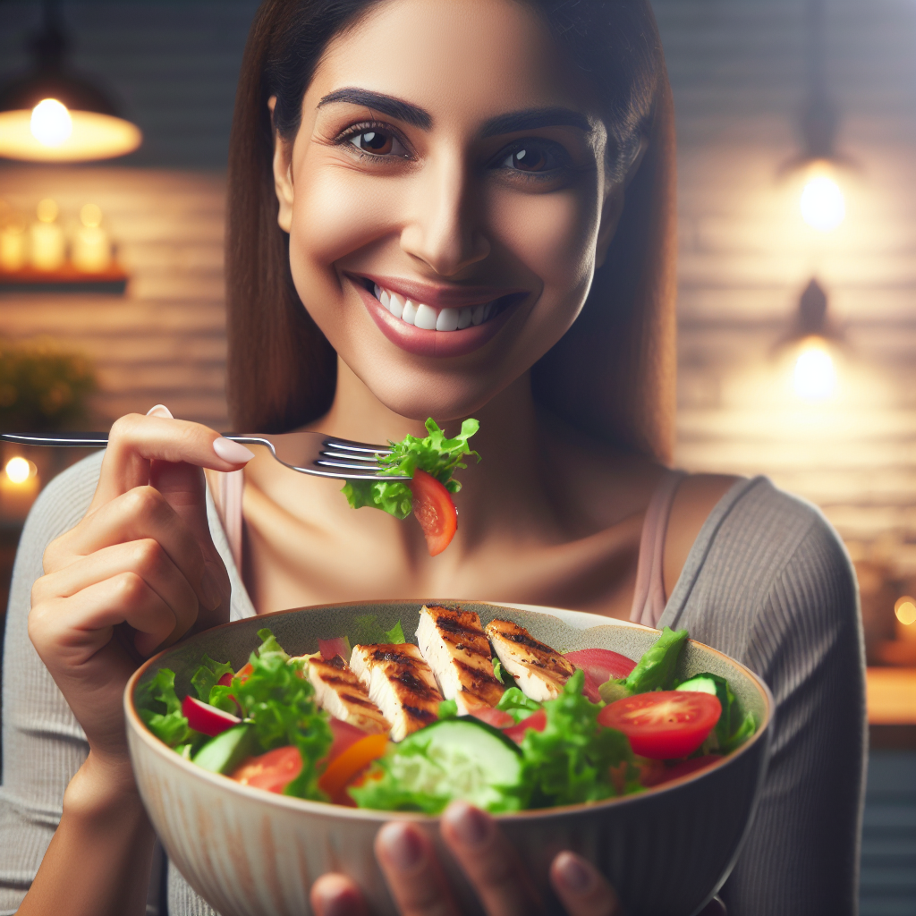 A person with a genuine, happy smile is enjoying a vibrant and healthy meal, such as a colorful salad with grilled chicken or a berry and yogurt bowl. The setting is bright and inviting, conveying a sense of satisfaction and ease, with no signs of deprivation or struggle. The overall mood is one of contentment and healthy eating without cravings. Realistic photo.