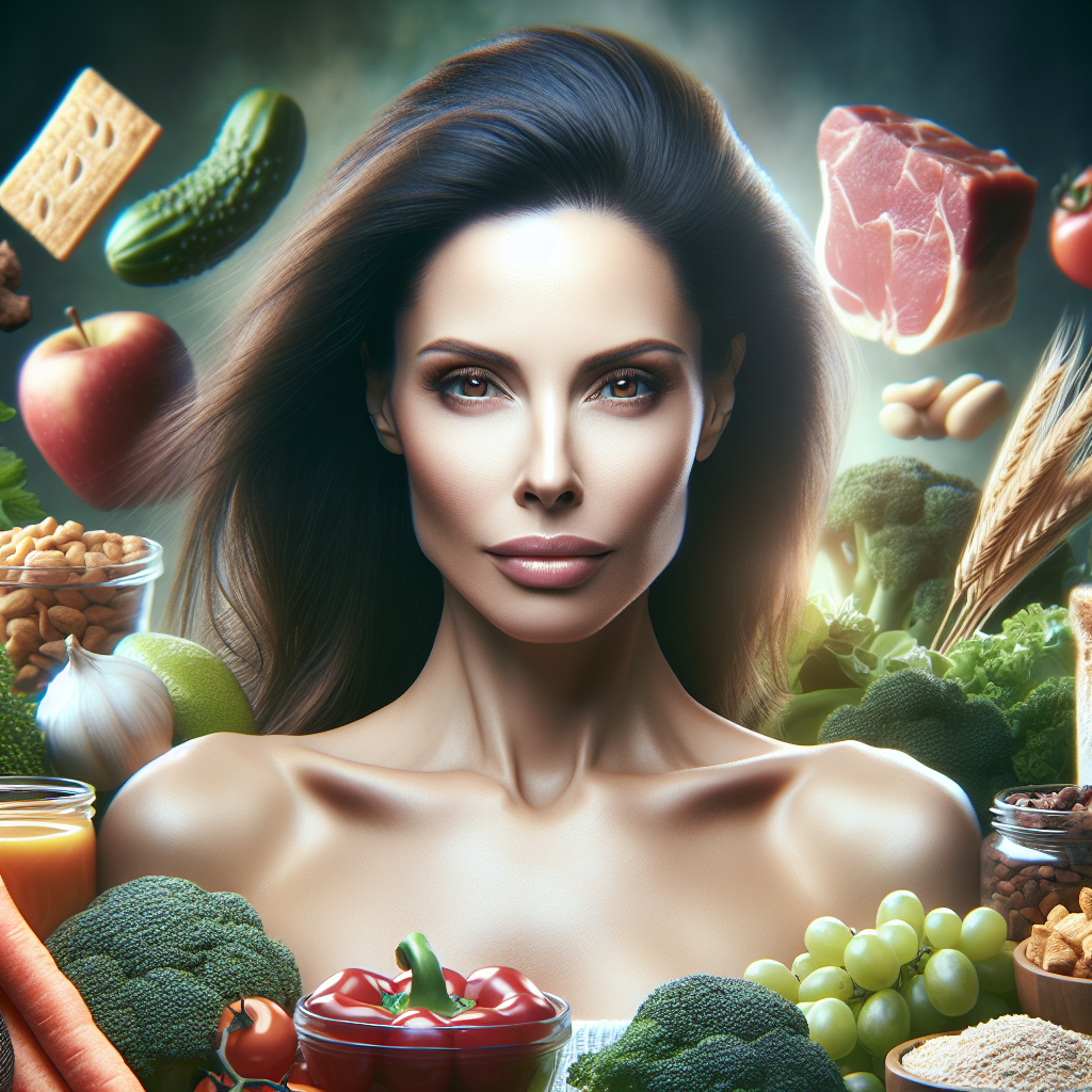 A serene person, looking confident and in control, is surrounded by a balanced array of wholesome, unprocessed foods like fresh fruits, vegetables, lean protein, and whole grains. In the background, subtly blurred, are tempting but unhealthy snack foods, yet the person shows no interest, embodying freedom from cravings. The image should convey stability, health, and empowerment. High-quality photo.
