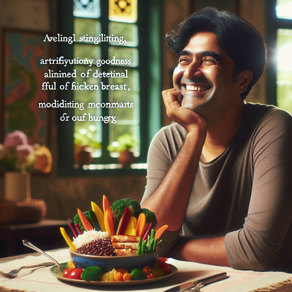 A smiling, healthy-looking person, appearing comfortably full and satisfied, sitting at a table with a vibrant, artfully arranged plate of nutritious food: colorful vegetables, grilled chicken breast, and a small portion of whole-grain rice. The atmosphere is warm and inviting, emphasizing a positive and hunger-free dieting experience.