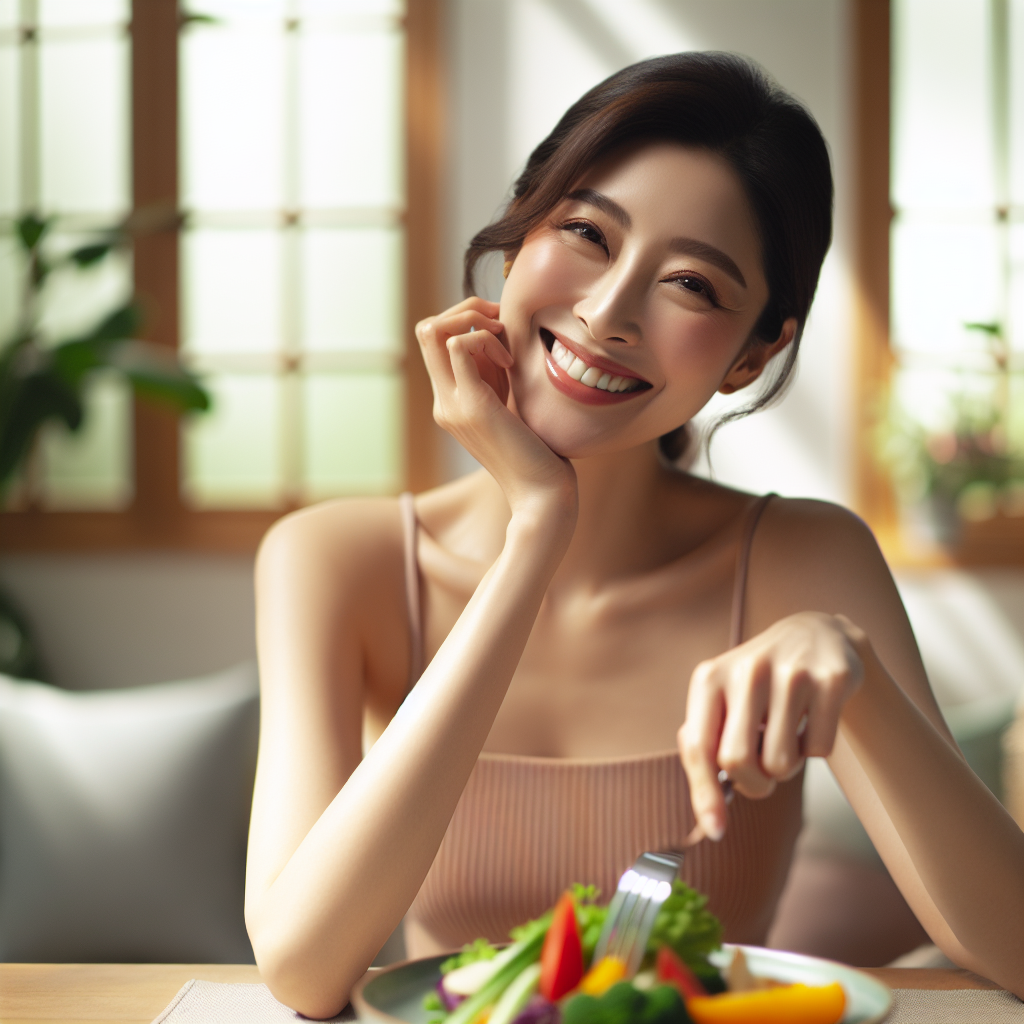 A serene and happy woman smiling gently while enjoying a beautifully presented, healthy and satisfying meal in a bright, comfortable home setting. She looks relaxed and content, not stressed or deprived. There are no sports equipment visible. The overall mood is peaceful and effortless weight loss, with soft, natural lighting.