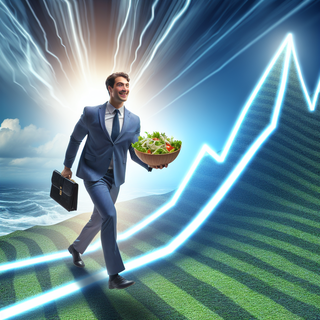 A cheerful person confidently walking on a gentle, stable upward path, symbolizing sustainable weight loss. In the background, a chaotic, zig-zagging graph representing the Jojo effect is seen from a distance, which the person is clearly avoiding. The person holds a small, vibrant salad bowl. Bright, optimistic lighting. High quality photography.