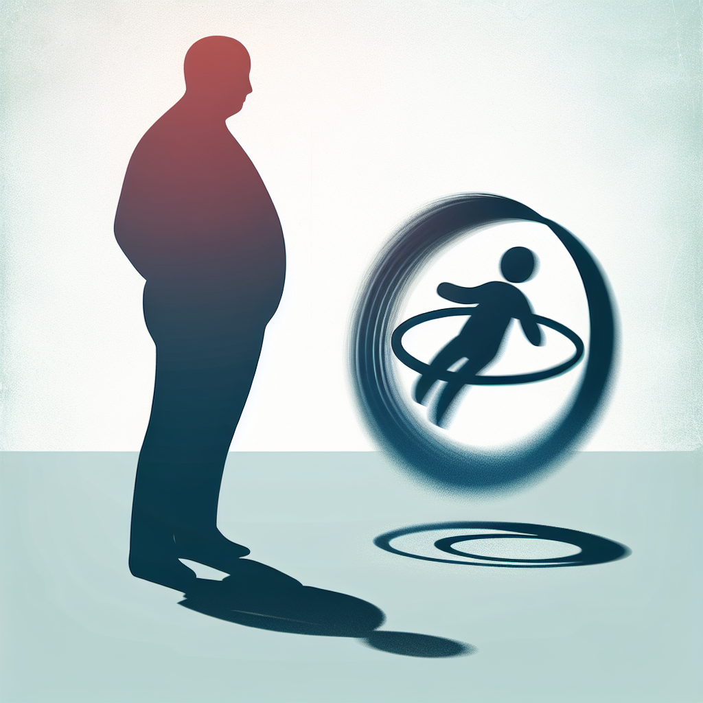 A person's silhouette visually struggling within the endless cycle of a large, swinging yo-yo, symbolizing the frustrating 'yo-yo effect' of weight gain and loss. The background is clean and minimalist, in a modern illustration style with subtle, soft colors.