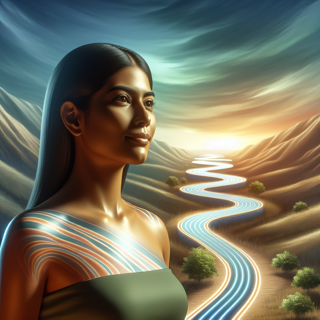 A person radiating health and confidence, with a happy, serene expression, standing on a gentle, stable path that stretches into the horizon under a clear, bright sky. No sudden drops or peaks in the path, symbolizing sustainable and lasting weight loss without the yo-yo effect. Soft, natural lighting. Realistic, optimistic style.